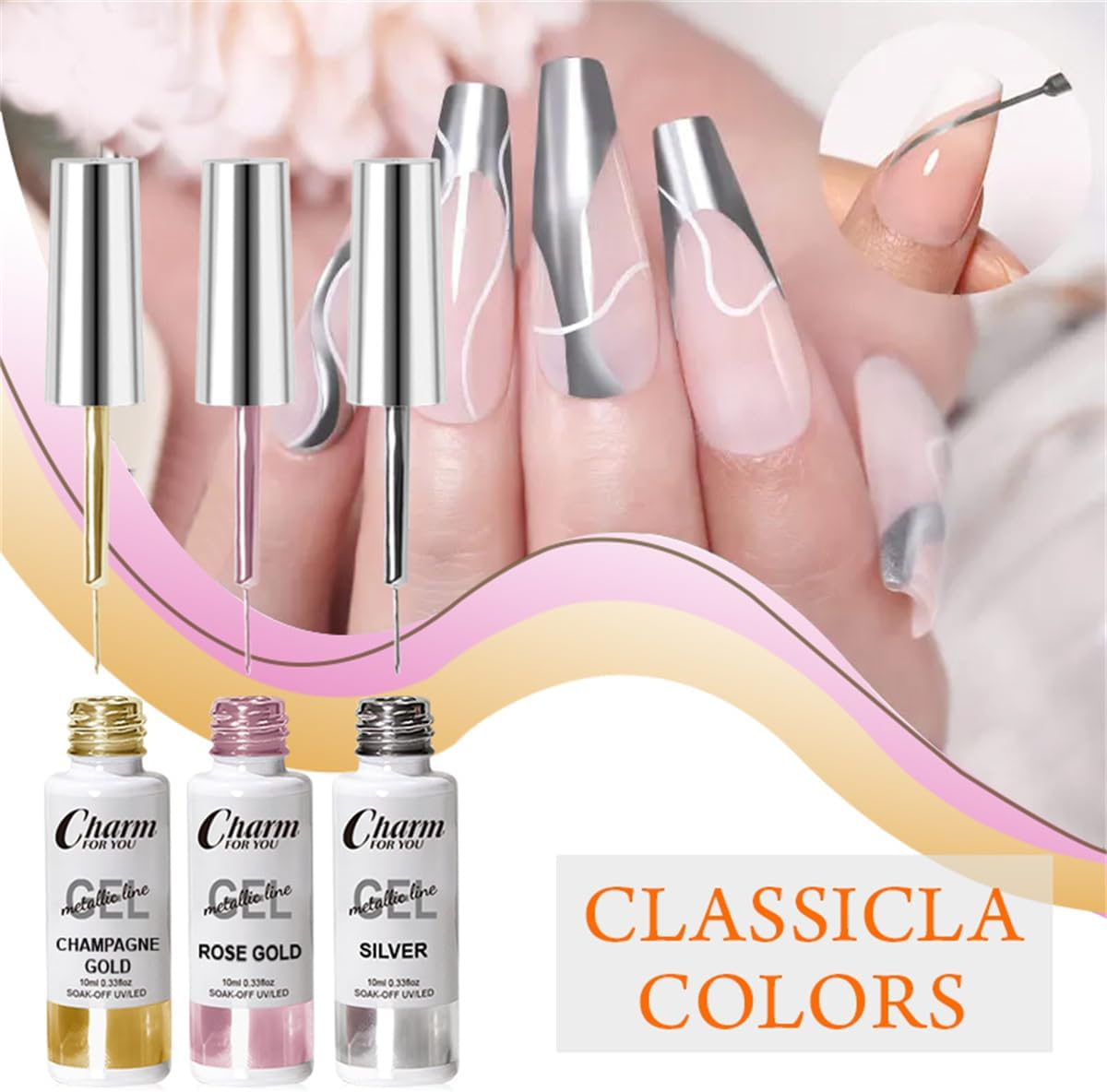 3PCS Metallic Painting Gel Liner Nail Art 3D Mirror Chrome Effect Gel Nail Polish,Gold Silver Rose Gold Metal Painted Drawing Gel Build in Thin Brush Soak off UV/LED Gel for Salon Home DIY Manicure&hellip; image number 1