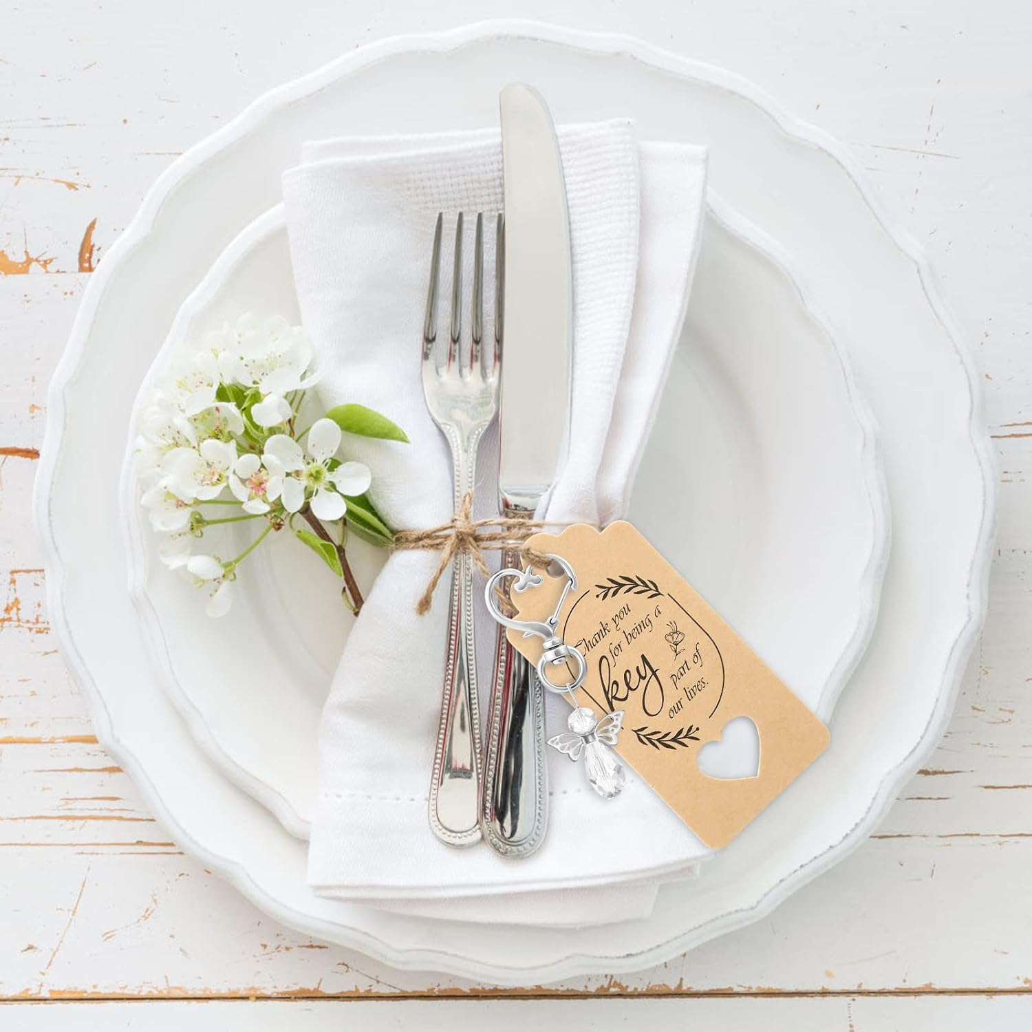 GWHOLE 20 Sets Angel Keychain with Organza Bags & Thank You Tags Baby Shower Return Gifts for Guests Baptism Favors Angel Wings Pendant for Baby Shower, Bridal Shower, Wedding - Purple & Clear image number 1