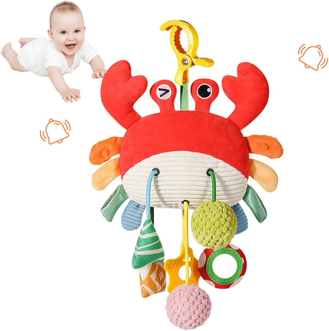 Baby Activity Hanging Toy, Soft Plush Crab Sensory Toys with Rattle ＆ Textures, Baby Stroller Toy, Toy for Car Seat and Crib, Early Educational Toys for Infant Boys and Girls