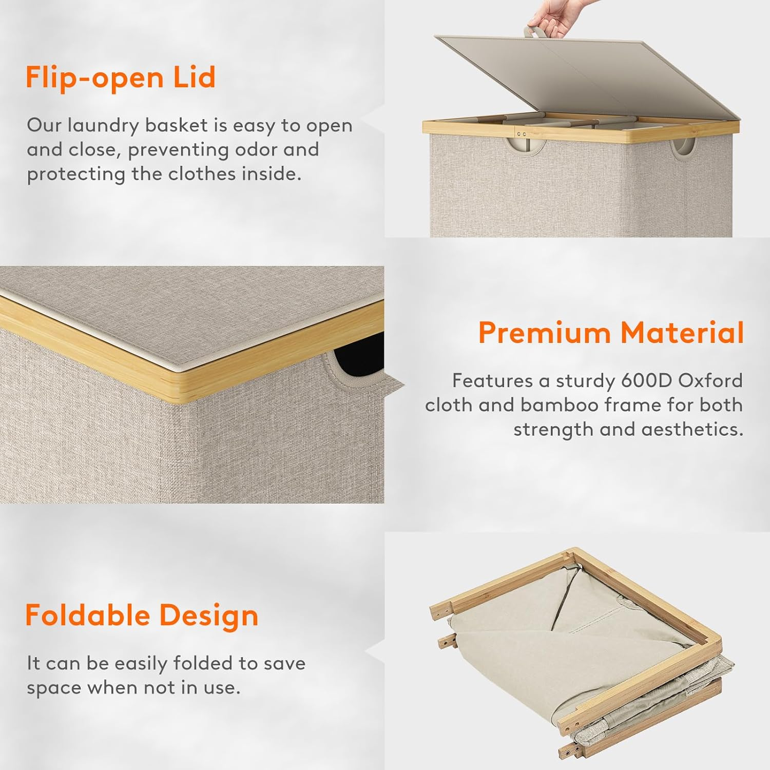 Lifewit 160L Double Laundry Hamper with Lid, Extra Large Bamboo Laundry Basket Dirty Clothes Hamper, 2 Section Laundry Bin Organizer for Laundry Room Bedroom with 2 Removable Liners & Bags, Beige image number 4