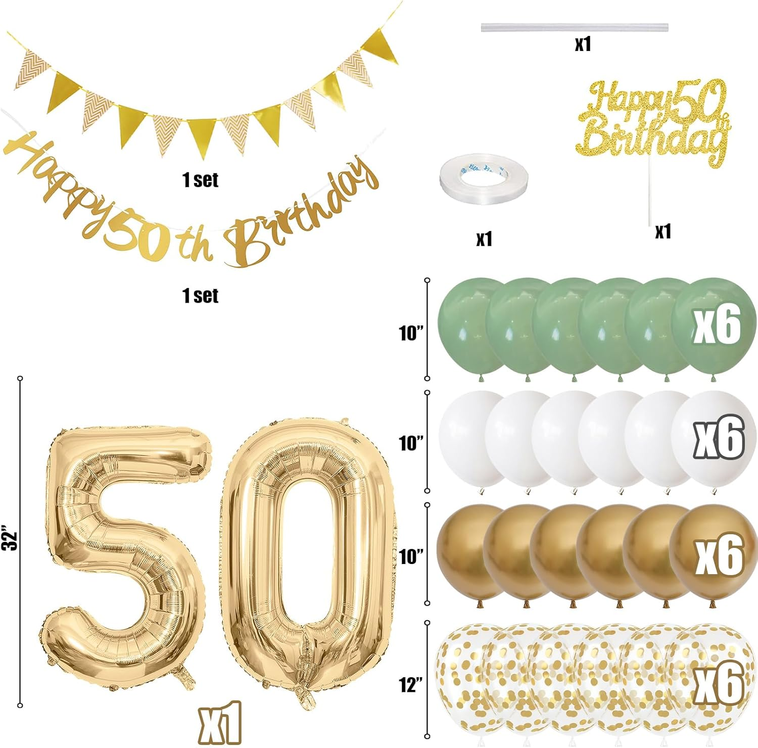 Sage Green 50Th Birthday Decoration with Banner, Garland, Number 50 Balloons, Cake Decoration, Gold Party Balloons for 50 Years Celebration - 18Th Green Gold image number 7