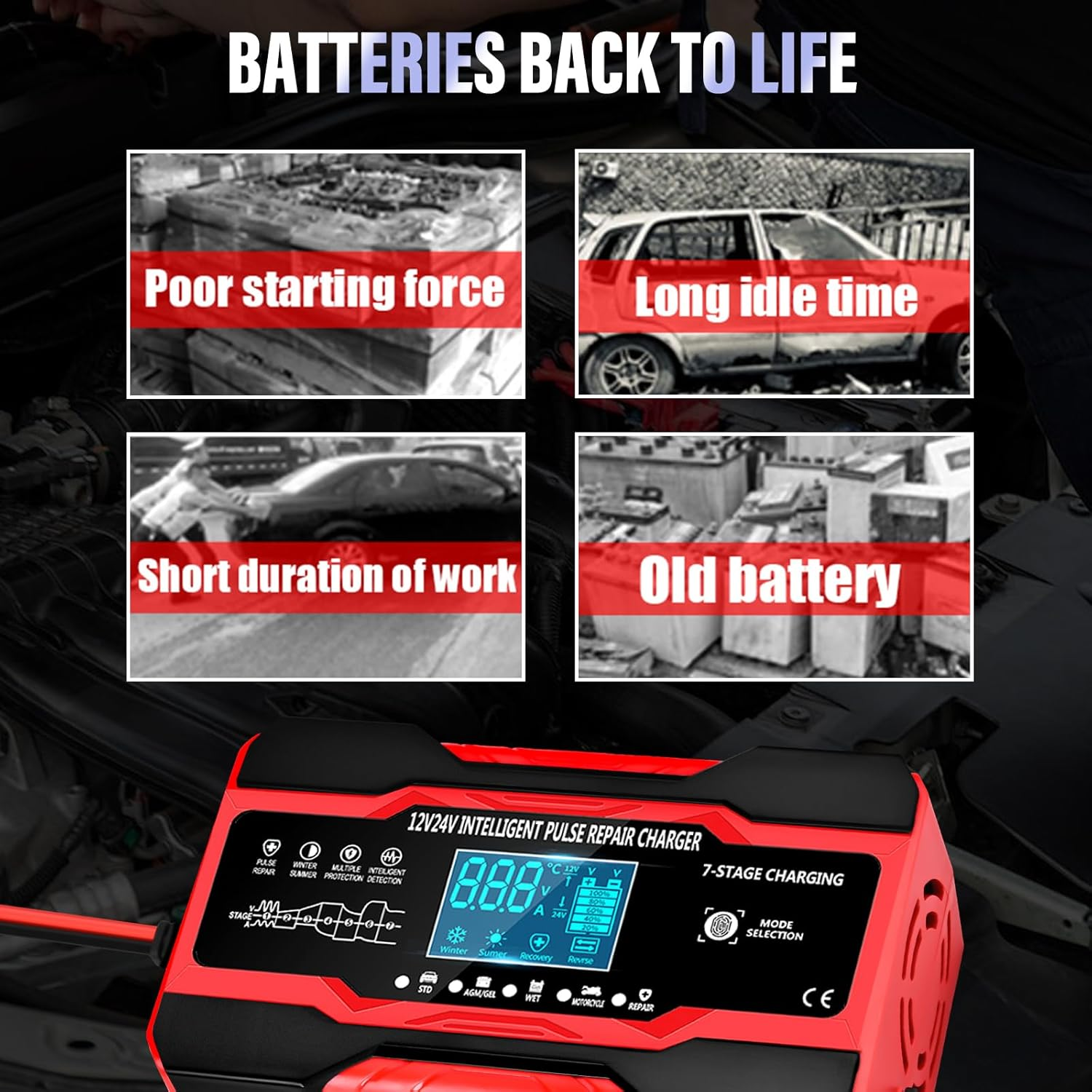 Car Battery Charger 10-Amp, 12V/24V Smart Car Charger with LCD Display，Trickle Charger Fully Automatic Battery Maintainer with Temperature Compensation for Car Truck Lawn Batteries image number 5