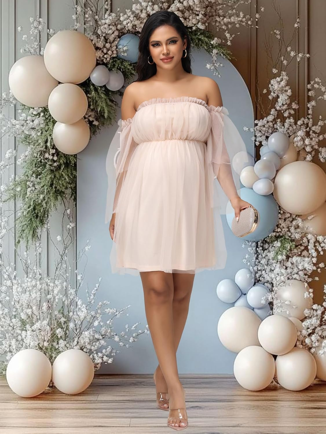 Justvh Women'S Maternity off Shoulder Ruffle Sleeves Mesh Baby Shower Dress for Photoshoot Party Mini Short Gown image number 3