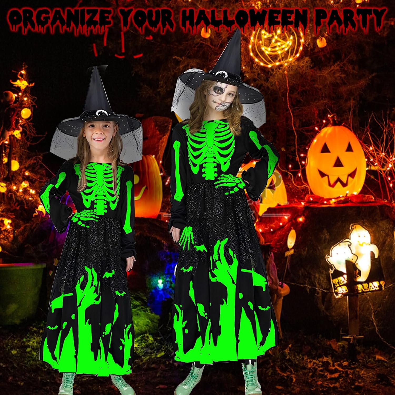 Giugio Witch Costume Girls, Princess Skeleton Costume Children Girls, Halloween Skeleton Costume with Skeleton Gloves and Witch Hat, Witch Costume Vampire Costume Child Witch Costume for Carnival image number 3