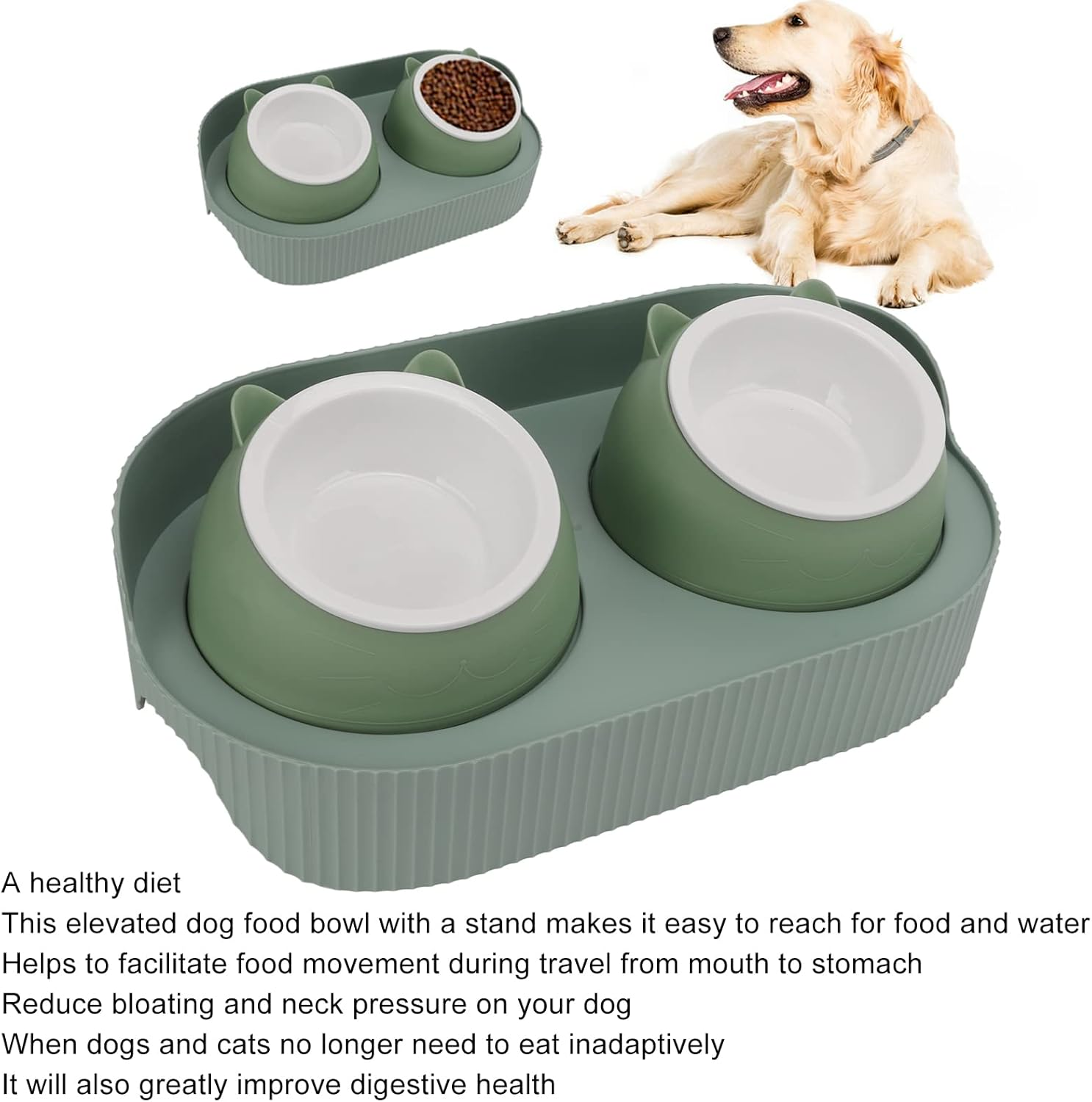 Ceramic Cat Food and Water Bowl, Kitty Bowl, Cat Dish, Ceramic Pet Bowl Set Food Grade anti Double Food Water Bowls for Cats Dogs Kittens and Puppies(Green) image number 5