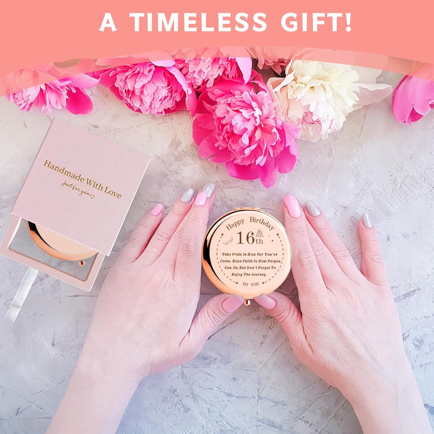 16Th Birthday Compact Makeup Mirror, Sweet 16 Design, Tabletop Mount, 7.2L X 6.5W Cm image number 4