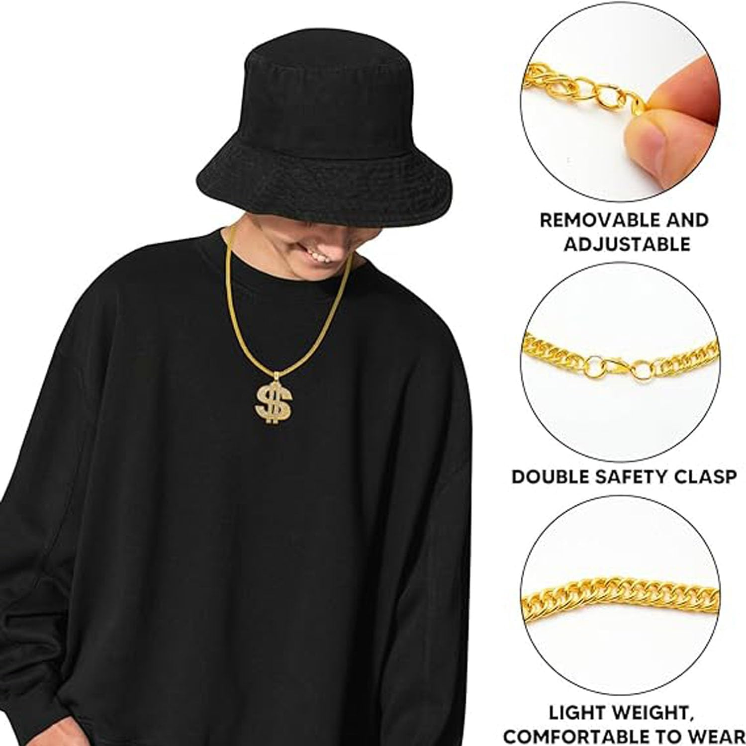 6 Pcs Hip Hop Costume Outfit Jewelry Set, 80S 90S Halloween Pyhot Hip Hop Costume Hip Hop Theme Outfit Costumes Rapper Accessories for Men Women