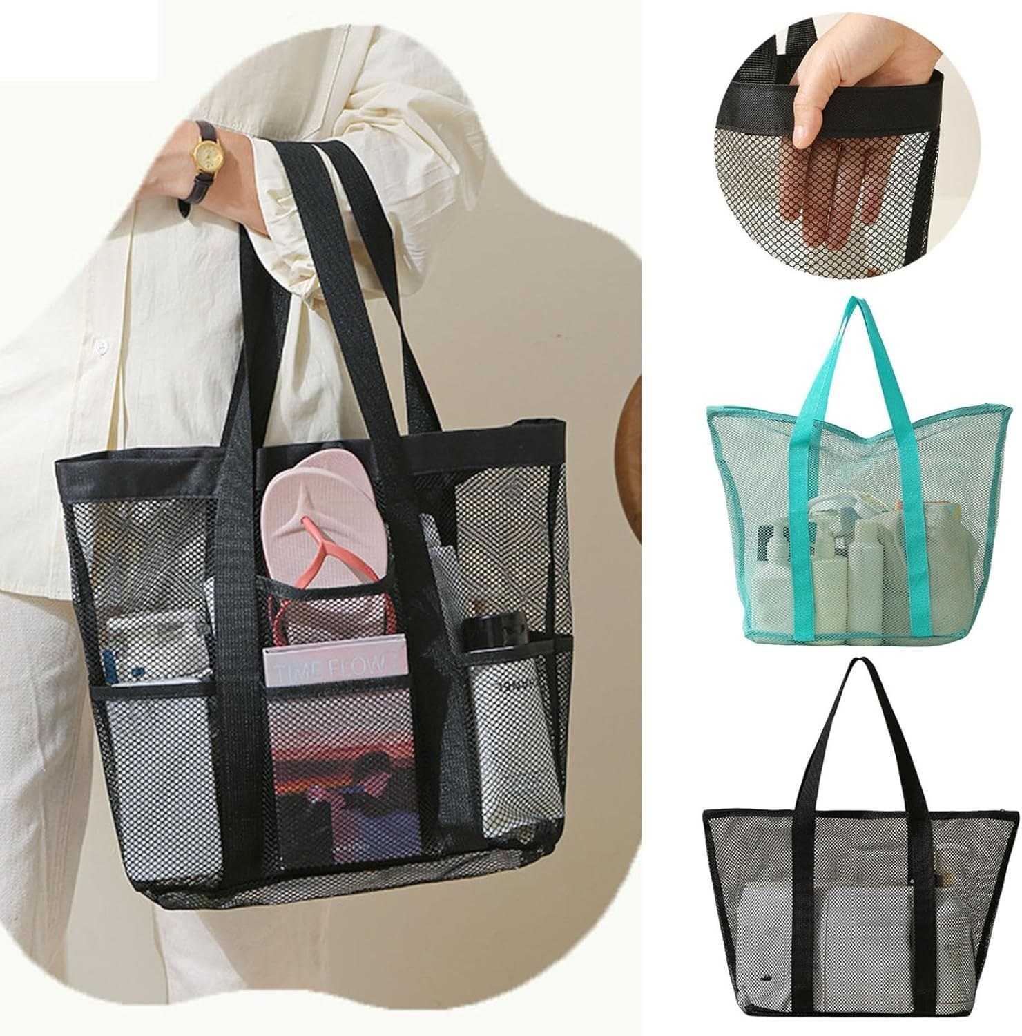 Quick Dry Shower Tote, 1Pc Green Mesh Shower Caddy Bag Quick Dry Tote Bag, Green Women Mesh Tote Bag Travel Hollow Shoulder Caddy image number 4