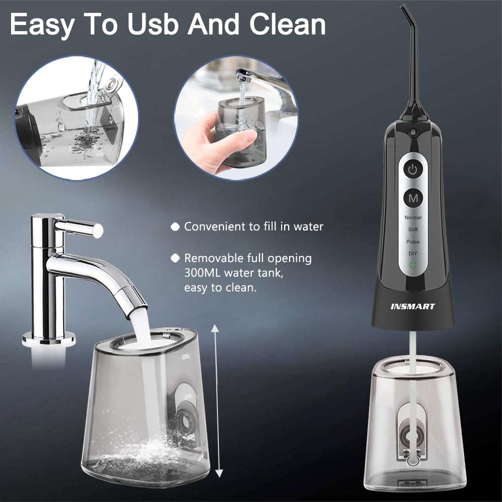 INSMART Water Flosser Cordless Dental Pick for Teeth Clean, Professional Oral Irrigator DIY 4 Modes IPX7 Waterproof 300ML Tank USB Rechargeable, Irrigate Jet for Plaque Removal Oral Gums Care - Black image number 6