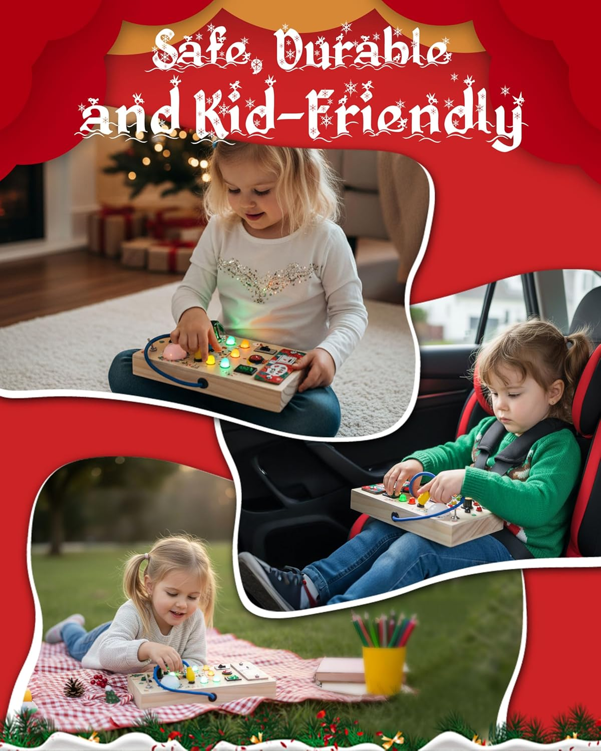 Busy Board Toddler Toys - Wooden Montessori Toys for 3 Years Old Toddlers, Sensory Travel Toy with 14 LED Light up Switches, Ideal Gift for 3+ Year Old Boys Girls, Medium image number 4