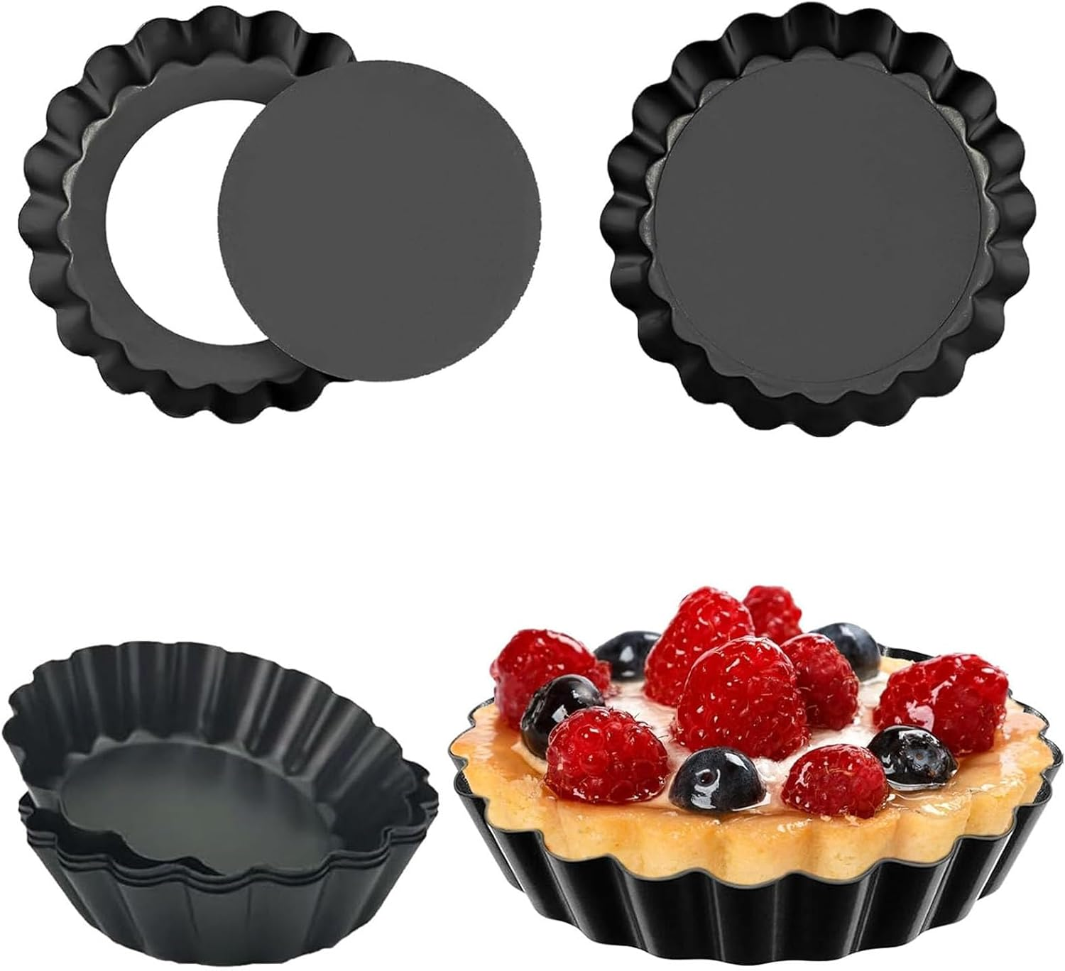 6Pcs Nonstick Mini Tart Pan Set, 4 Inch round Tart Tins with Removable Bottom, Easy Release Baking Pans for Cakes, Egg Tarts, Fruit Pies, Perfect for Home Baking and Professional Use image number 2