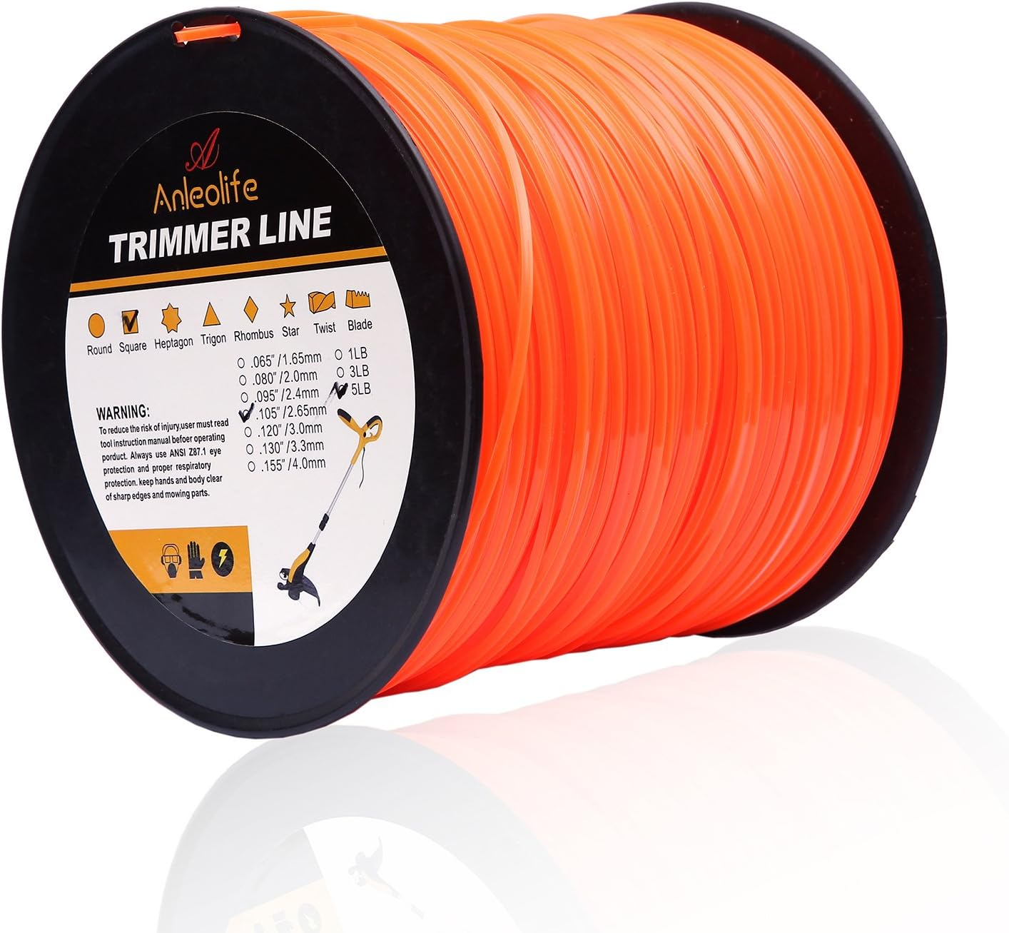 Anleolife 5-Pound Commercial Square .105-Inch-By-1038-Ft String Trimmer Line in Spool,With Bonus Line Cutter, Orange image number 2