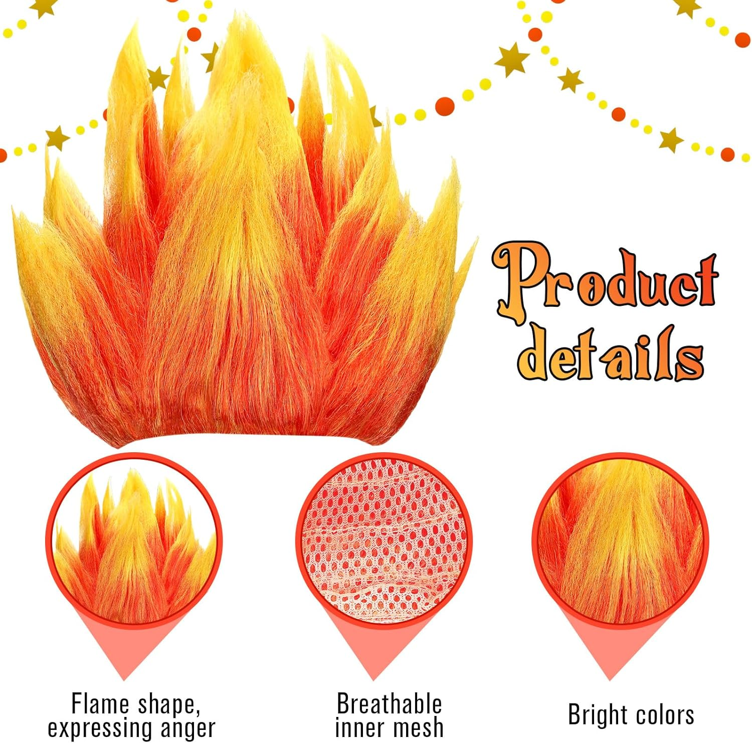 Toulite 3 Pcs Halloween Anger Dress up Set Included 2 Toned Flame Wig Red Textured Tie Red Gloves Halloween Cosplay Costume for Men Adult Party Supplies