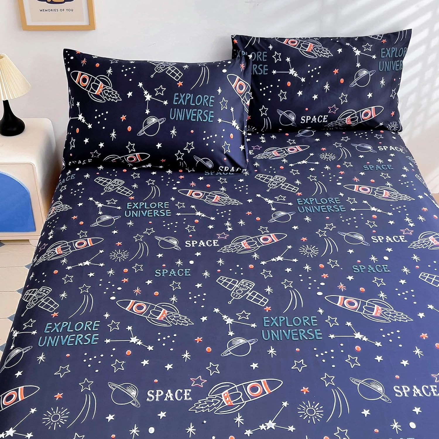 Homilay Kids Queen Sheet Sets - 4 Piece Space Rocket Bedding for Boys, Girls & Teens - Soft, Breathable Microfiber, Deep Pockets, Wrinkle-Free, Cozy Toddler Bed Sheets image number 4