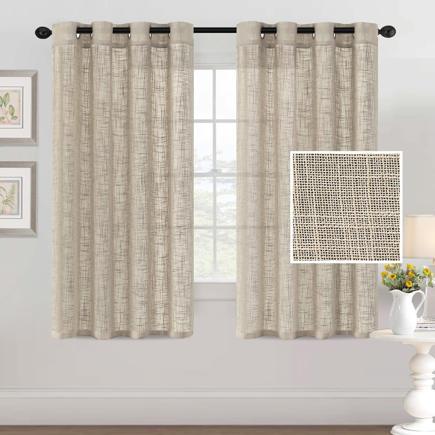 H.VERSAILTEX Linen Curtains for Living Room Sheer Curtains Natural Linen Blended Linen Textured Curtains Light Filtering Eyelet Curtains Bedroom Burlap Curtains 2 Panel, W132Cm X D243Cm, Natural