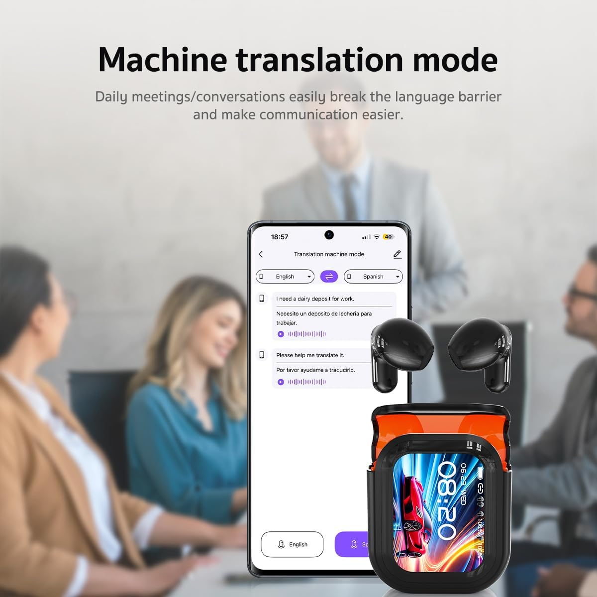 NE20 Earbuds, NE20 Translation Earbud, 6 Translation Modes, LCD Touch Screen, 60H Playtime, Hifi Sound, 135 Languages AI Translation Earbuds Real Time for Travel, Business (Black)