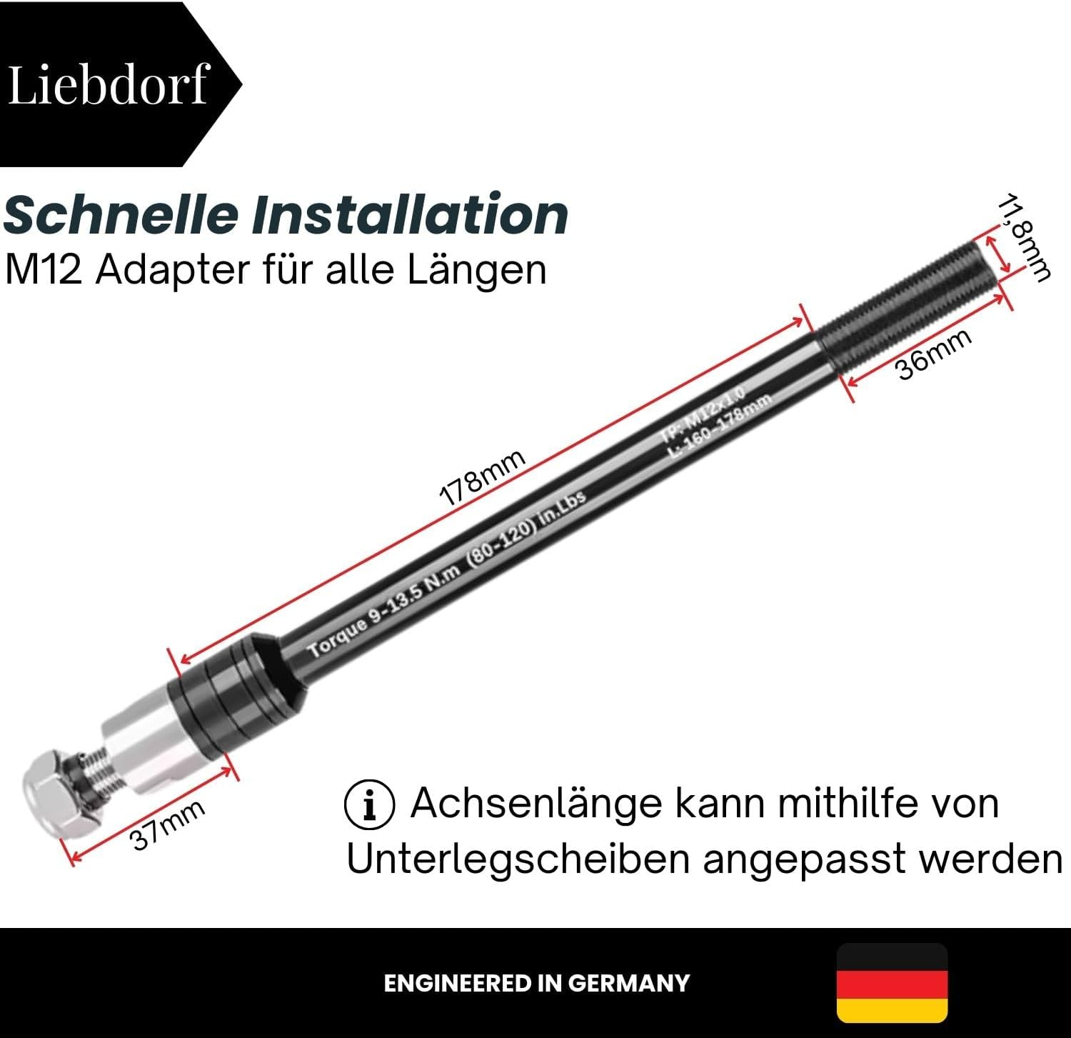 Liebdorf&reg; Thru Axle Bicycle Trailer - M12 Adapter for All Lengths - Bicycle Trailer Coupling - Bicycle Thru Axle Adapter (M12 X 1.0) image number 2