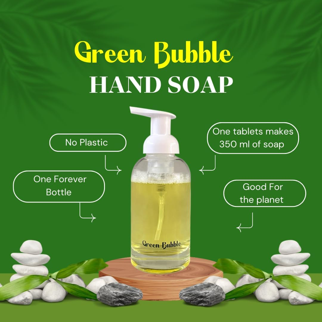 Green Bubble Single Hand Soap Kit, 1 Glass Soap Dispenser, 3 Foaming Hand Soap Refill, Makes 1 Liter of Soap, ((Makes 3X 350Ml Bottles of Soap) (1 Foaming Dispenser + 3 Hand Soap Tablets)