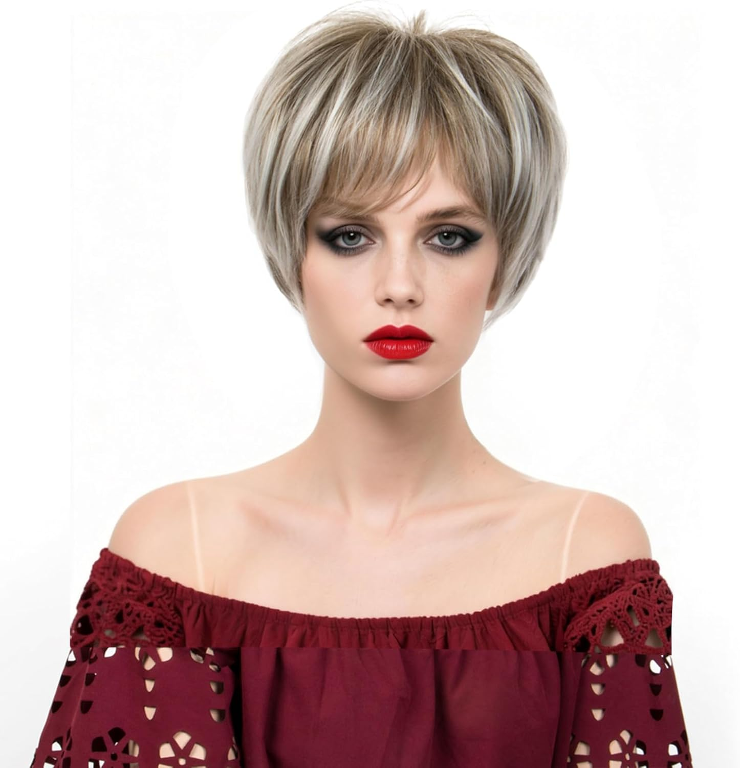 Becus Blonde Wig Short Women'S Pixie Cut Fluffy Synthetic Wig Short Hair Blonde Ombre Dark Root Layered Hair with Fringe Wigs for Women Daily Use (Ash Blonde)