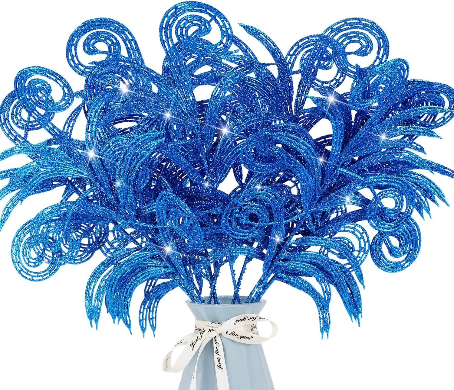 12 Pcs Glitter Christmas Leaves, Artificial Leaf Spray Picks Christmas Foliage Christmas Tree Filler Branches Christmas Wreath Decor for DIY Wreath Wedding Table Centerpiece Decorations (White)