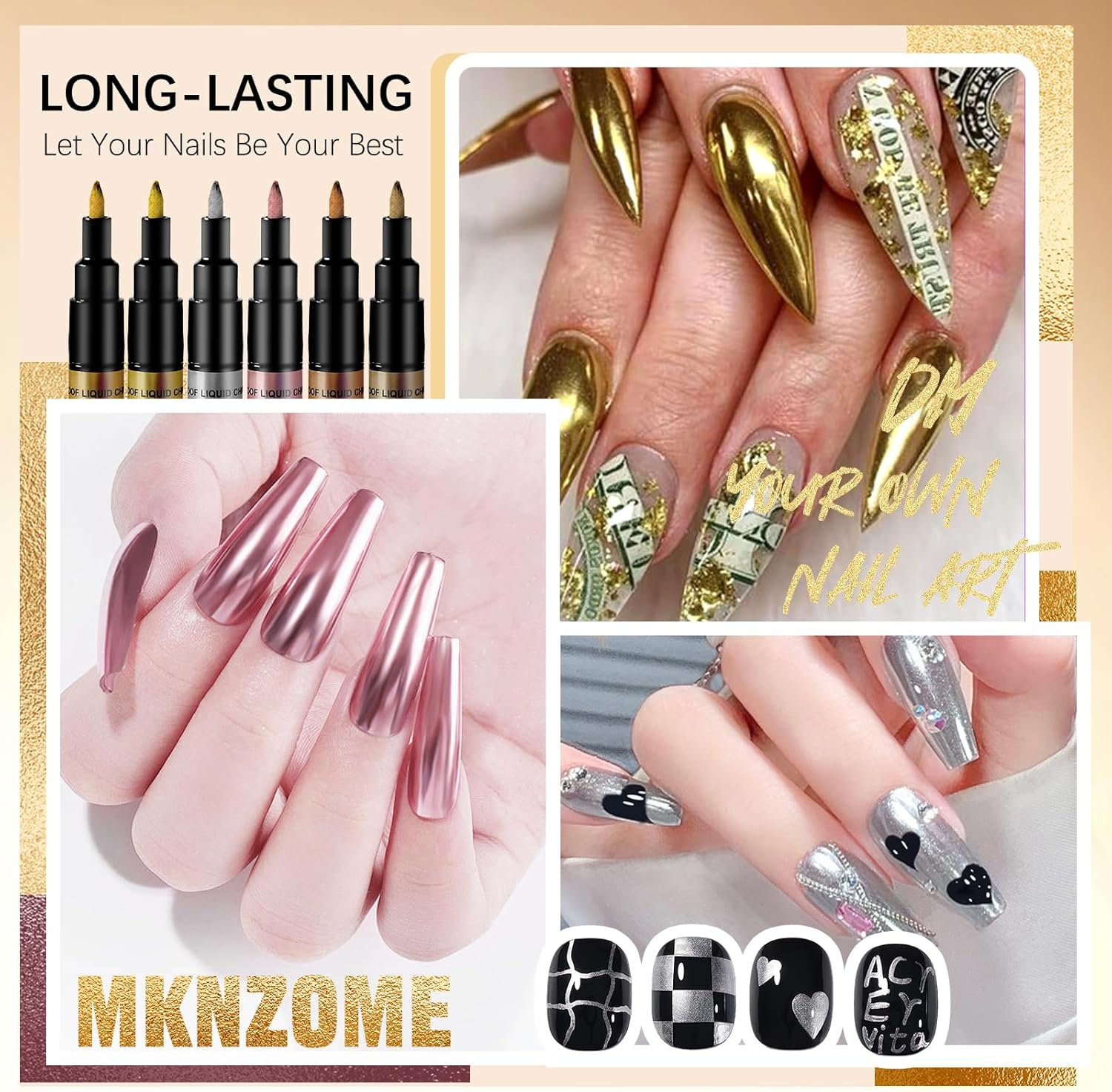 MKNZOME 6 Color Nail Art Pens, Nail Polish Pens Set Nail Chrome Eraser Pen Drawing Painting Point Liner Pens with Eraser Pen, Waterproof and Quick-Drying - 004-0.5Mm image number 5