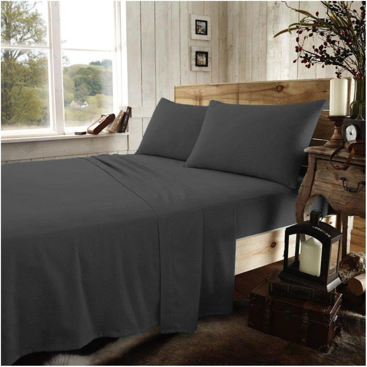 GC GAVENO CAVAILIA Easy Care Plain Dyed Flannel Flat Sheet, 100% Brushed Cotton Luxury Bedding Accessory, Soft & Cosy Bed Linen, Black, Single Size Bedsheet