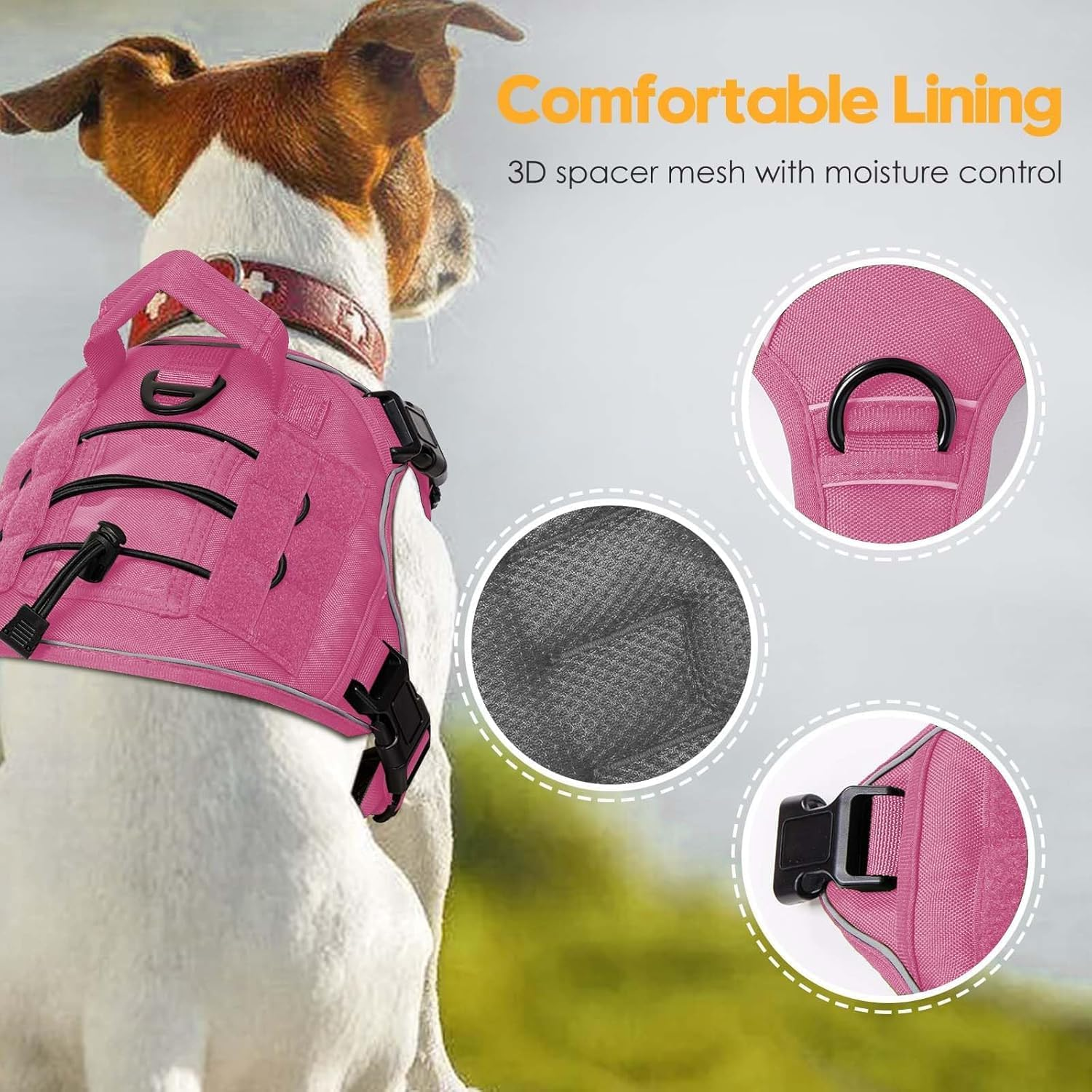 Heavy-Duty Tactical Dog Harness for Large Dogs, No Pull Adjustable Reflective Pet Vest with Molle System, K9 Military-Grade Control for Service Training, Outdoor (Pink, L) image number 3