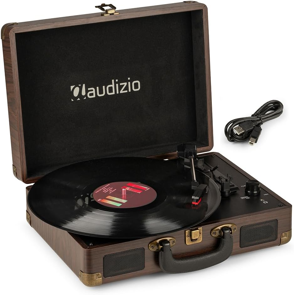 Audizio Turntable Briefcase Record Player | USB Retro Record Players for Vinyl with Speakers | 3 Speeds | Convert Retro Vinyl to Mp3 via USB | RCA Output/Aux 3.5Mm (Wood)