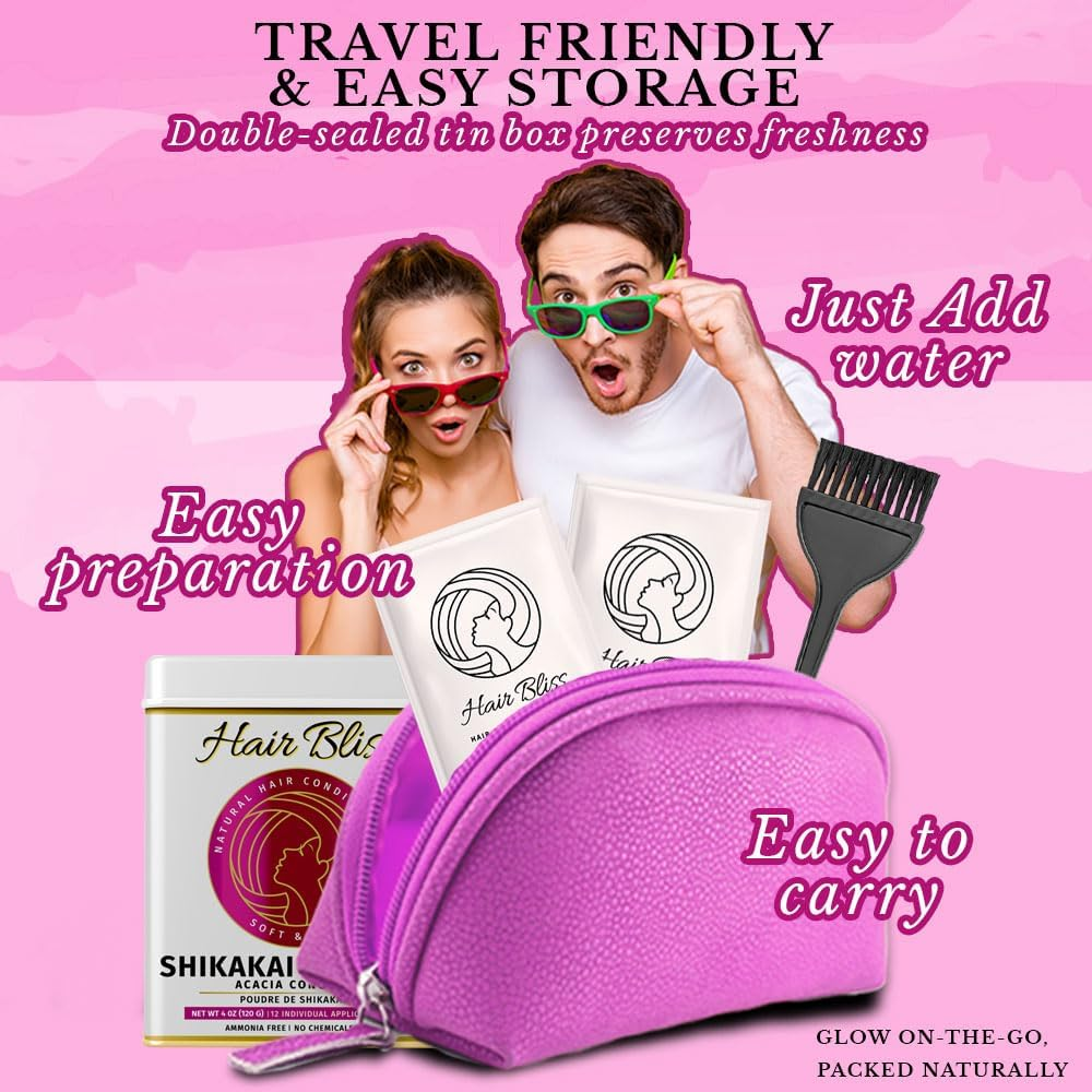 Hair Bliss- Natural Shikakai Acacia Herbal Hair & Skin Conditioning Powder- 12 Individual Sachets (10 Gm Each)- Reusable Brush & Tray Included- anti Frizz Shiny Hair & Smoother Skin by Pride of India - Natural Aloevera Powder image number 2