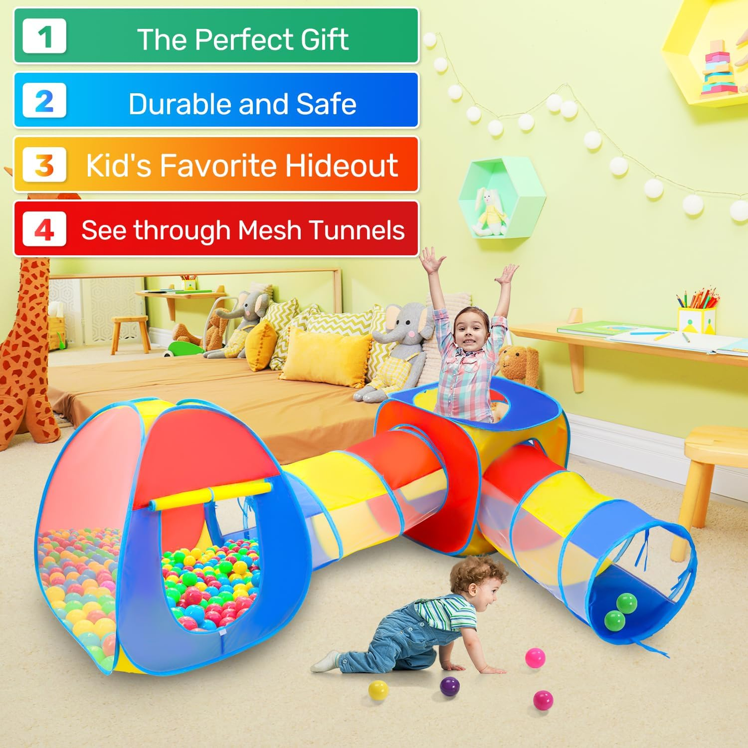 Eaglestone 5-In-1 Kids Play Tent with Tunnel and Ball Pit, Pop-Up Playhouse Set for Toddlers and Kids, Foldable Ball Pit Tent for Indoor and Outdoor Toys for Boys and Girls