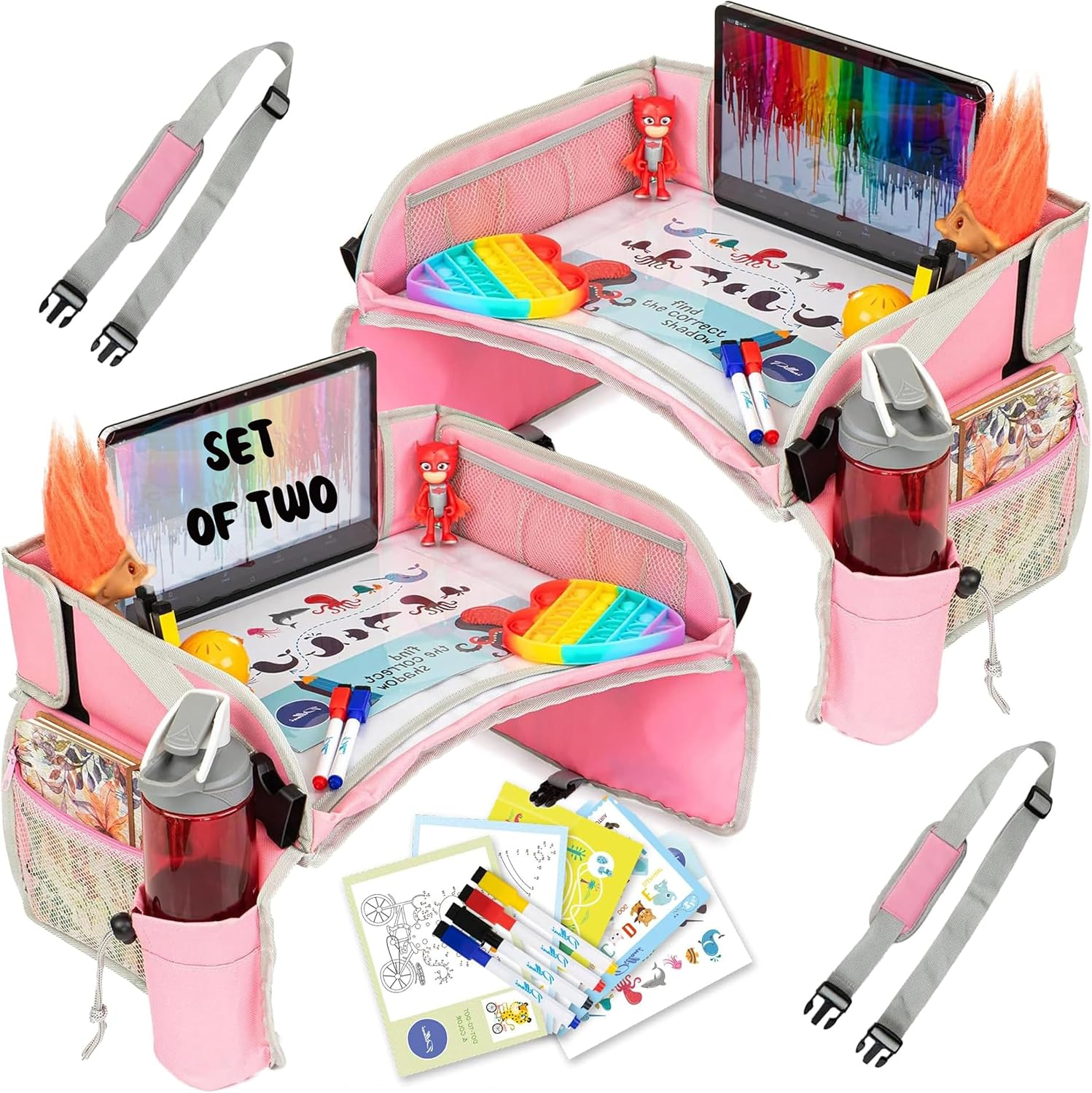 PILLANI Kids Travel Tray for Car - Seat Tray, Road Trip Essentials - Carseat Table Activities - Toddler Lap Desk Organizer for Airplane - Pack of 2