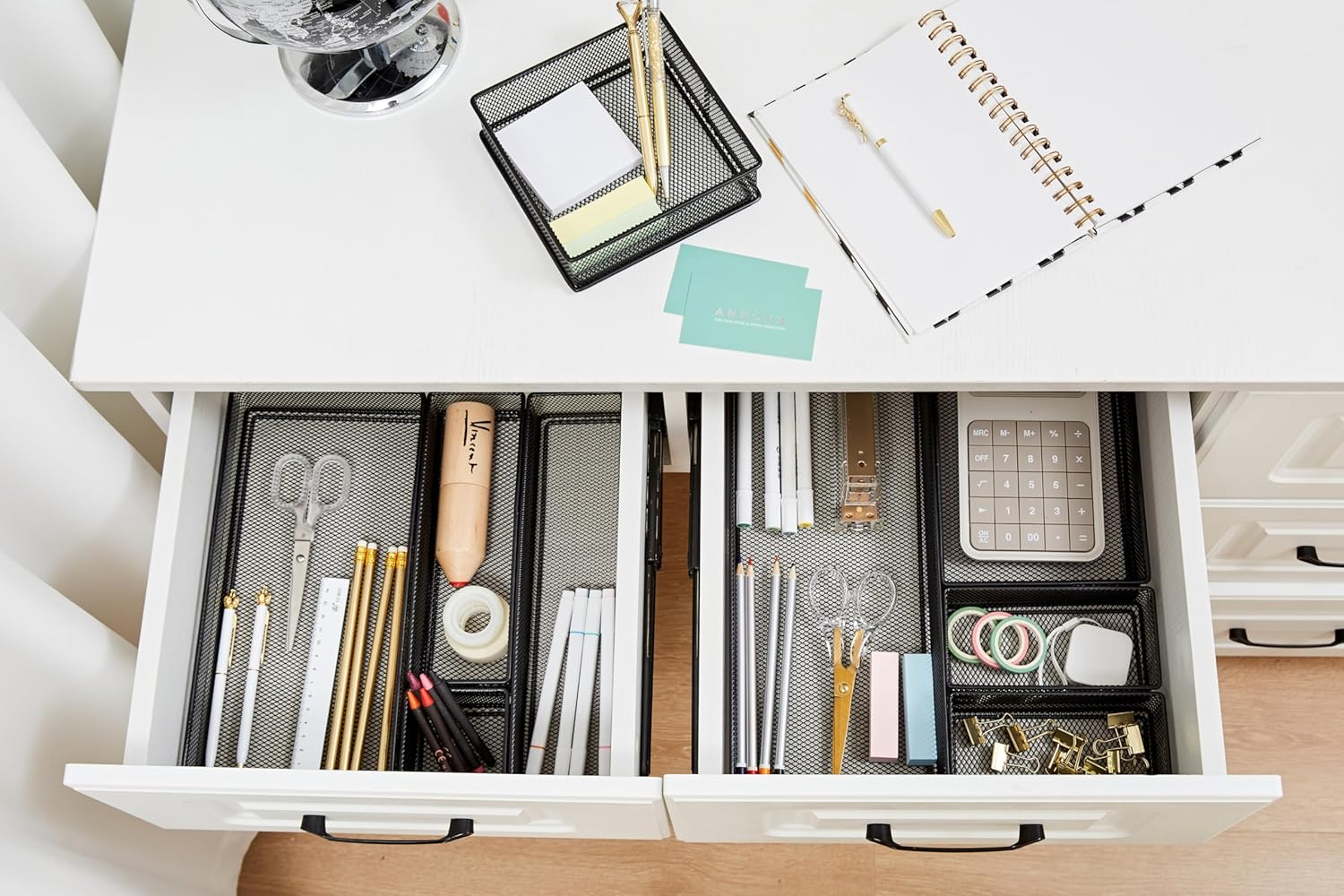 Annova Mesh Drawer Cabinet and Shelf Organizer Bins Storage Basket School Office Supply Holder Tray- Set of 2 (Black, 15X15X5 CM) image number 3