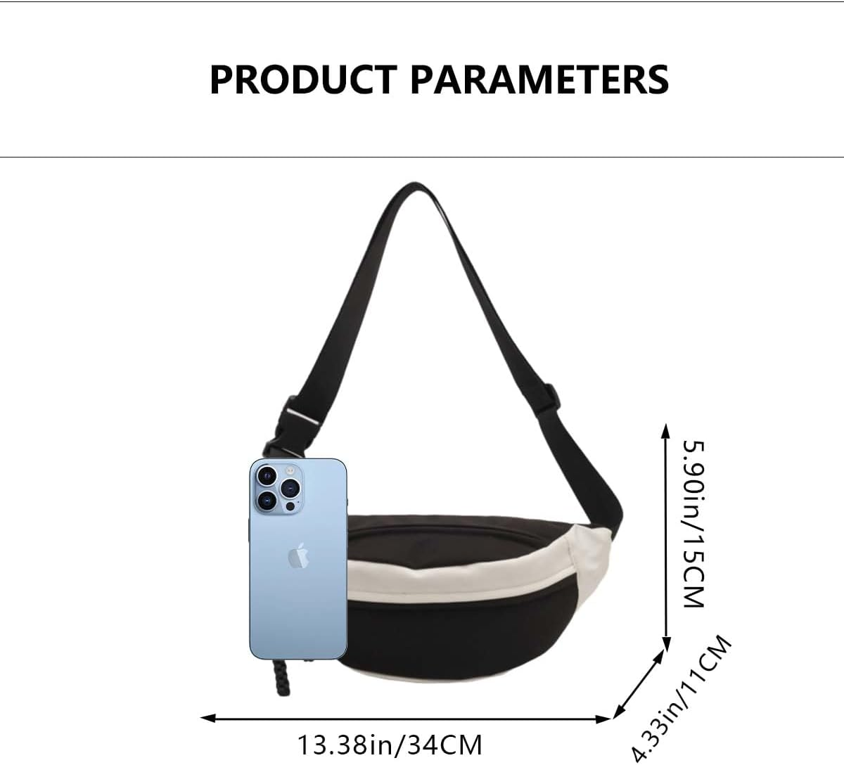 Men and Women'S Oxford Belt Bags Shoulder Bag with Adjustable Shoulder Strap and Zipper Pockets for School and Travel-Black image number 3