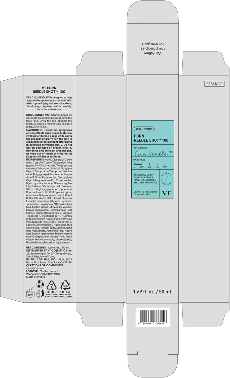 VT COSMETICS PDRN Reedle Shot 100, Spicule Microneedling Serum, Vegan PDRN, Centella Asiatica, Hyaluronic Acid, Exfoliating & Plumping for Glass Skin, Korean Liquid Skin Booster 1.69 Fl Oz (50Ml) image number 1