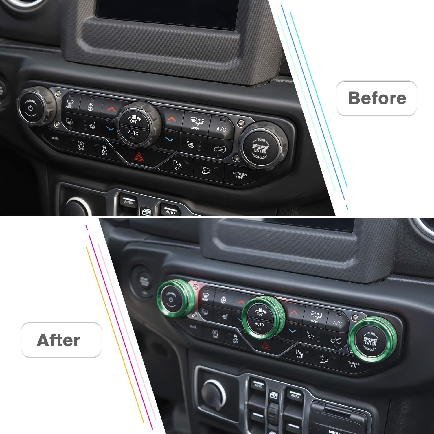 Jecar Air Conditioner Radio Switch Knob Cover & Headlight Knob Cover Aluminum Alloy AC Button Trims Compatible with Jeep Wrangler 2018-2023 JL JLU & 2020-2023 Gladiator Specific Dial Panel, Green - Orange image number 5