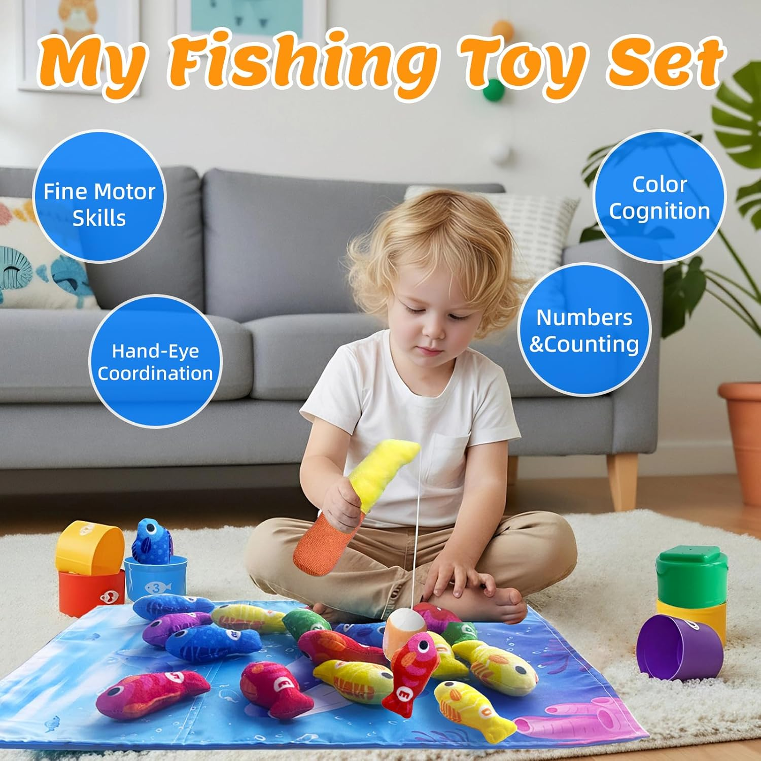 Montessori Toys for 1 2 Year Old, 2-In-1 Cloth Fishing Game & Book with Foldable Mat, Baby Toys 6-12-18 Months, Educational Learning Gift with Stacking Cups for Number, Color, Shape (Ocean) image number 2