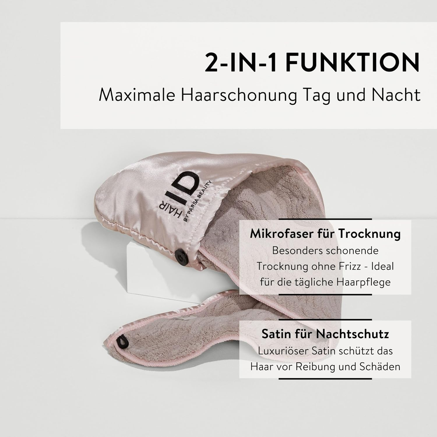 PARSA Beauty Hair ID 2-In-1 Hair Turban Anti-Frizz Turban Microfibre and Satin Hair Turban for Hair Drying and Hair Protection, Premium Reversible Function, Frizz Control, Hair Care for Day and Night image number 1