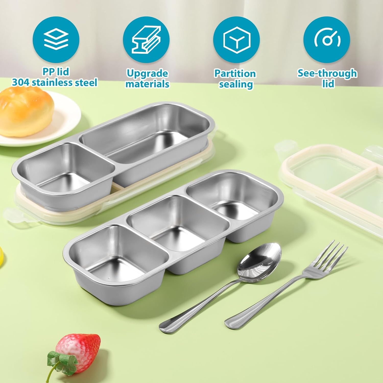 2 Pcs Stainless Steel Snack with Lid, 600/700Ml Leak Proof Crisper Compartment Box Reusable Snack Pack Container with Fork Spoon Utensil Organizer for Home Office Traveling image number 4