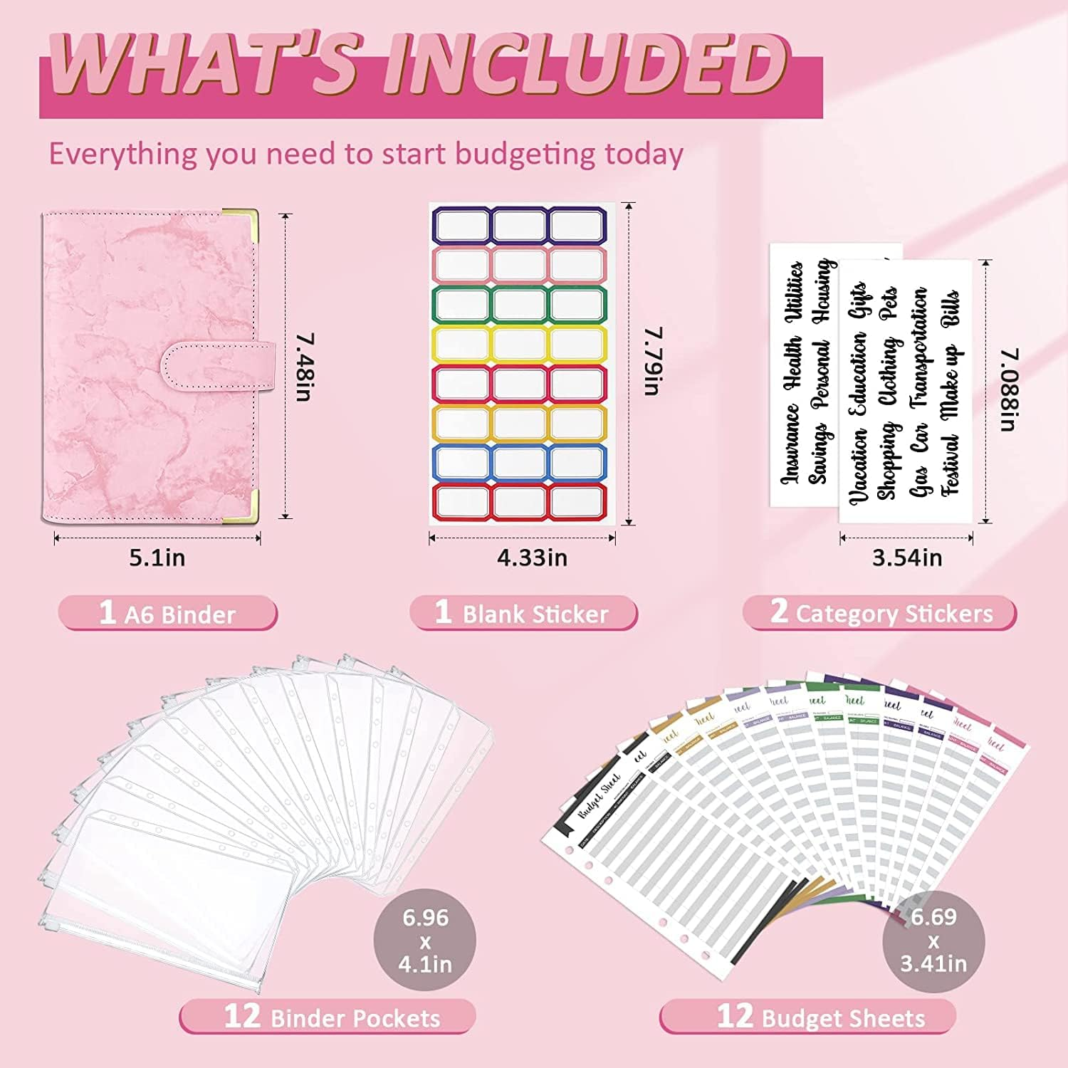 Budget Binder, Cash Envelopes for Budgeting, Money Organizer for Cash, 12Pcs Budget Binder with Cash Envelopes, Marble 6-Ring Money Saving Binder(Pink) image number 2