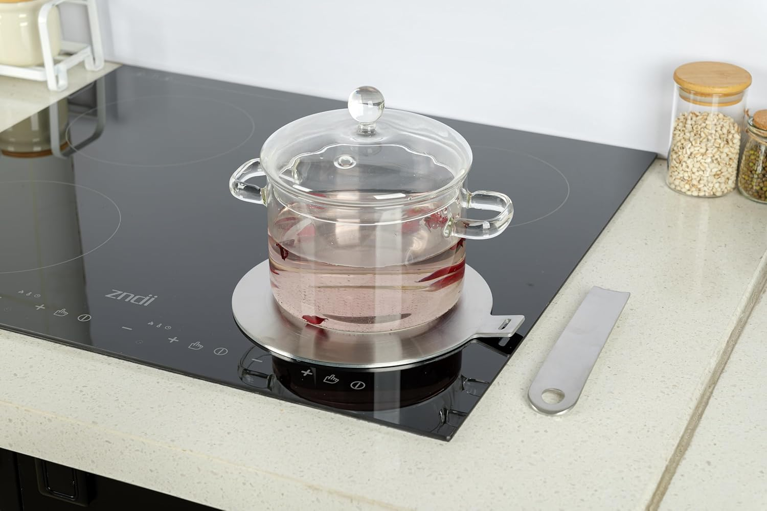 RUNZI 9.45Inch Heat Diffuser Stainless Steel Induction Diffuser Plate for Electric Gas Stove Glass Induction Cooktop Heat Diffuser with Removable Handle 24CM image number 4