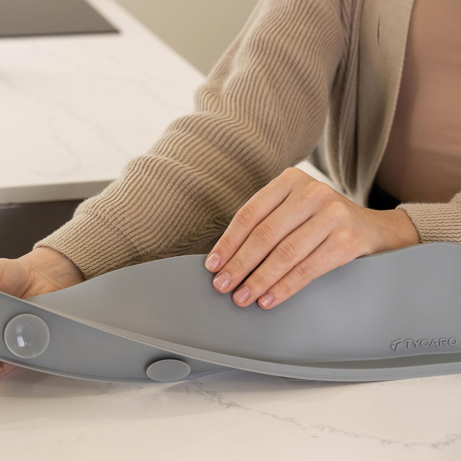 TYOARO Silicone Sink Splash Guard - Water Splash Guard for Kitchen, Island and Bathroom - Secure Non-Slip Suction Cup Base - Dishwasher Safe, Gray (17.4 X 1.7 X 3.6) image number 4