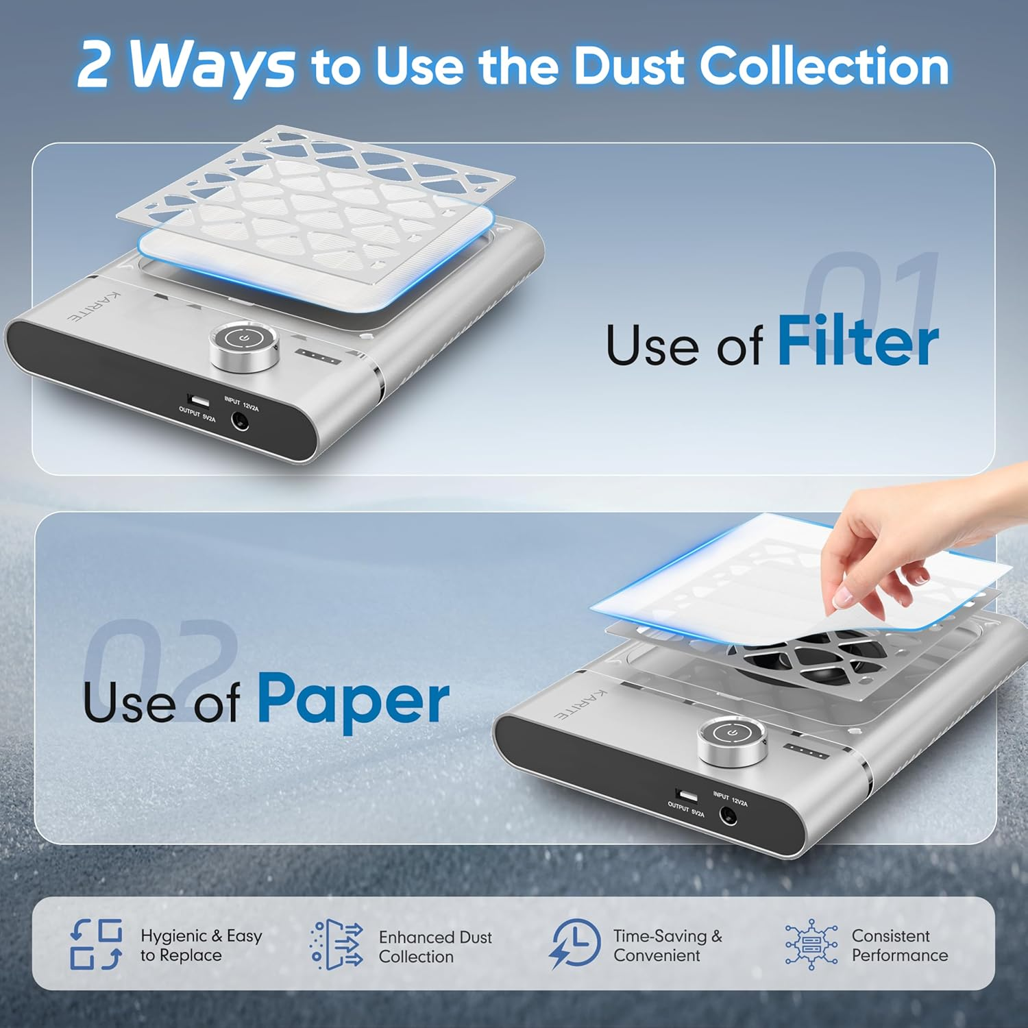 Karite Nail Dust Collector, Upgrade Vacuum Dust Collector with Filter & 30Pcs Papers, 5000RPM Power Suction, 6000Mah Rechargeable Dust Collector Nail Tech, Cordless for Easy Use and Cleaning image number 5