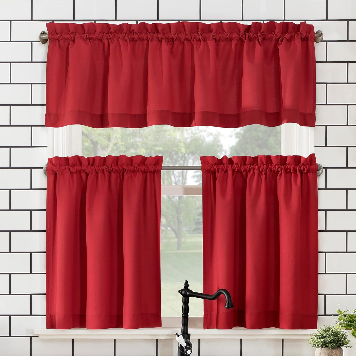 No. 918 Martine Microfiber Semi-Sheer Rod Pocket Kitchen Curtain Valance and Tiers Set, 54" X 45", Red