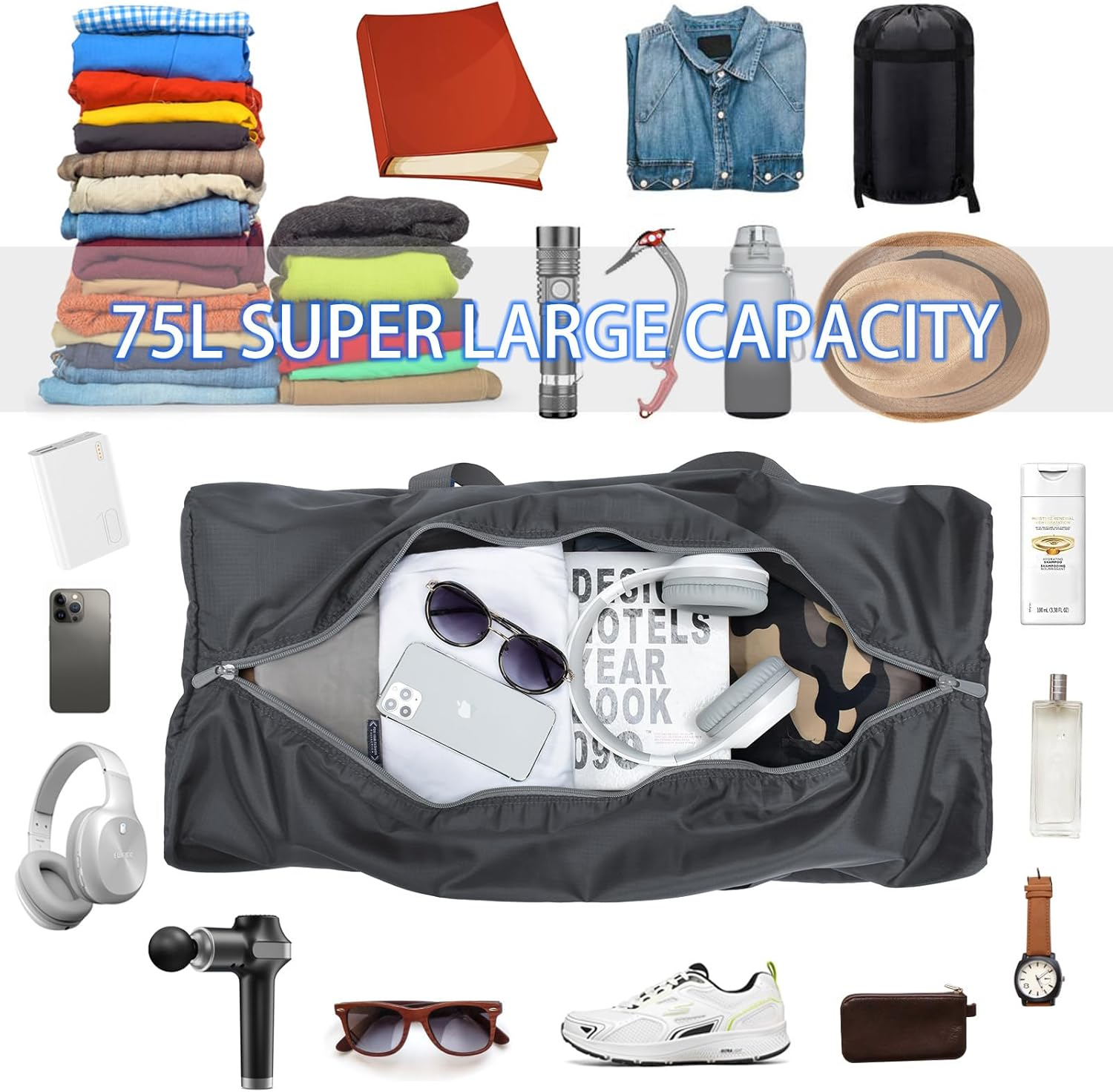 Foldable Duffel Bag 30" Lightweight 75L with Water Resistant (Grey) - Black image number 7