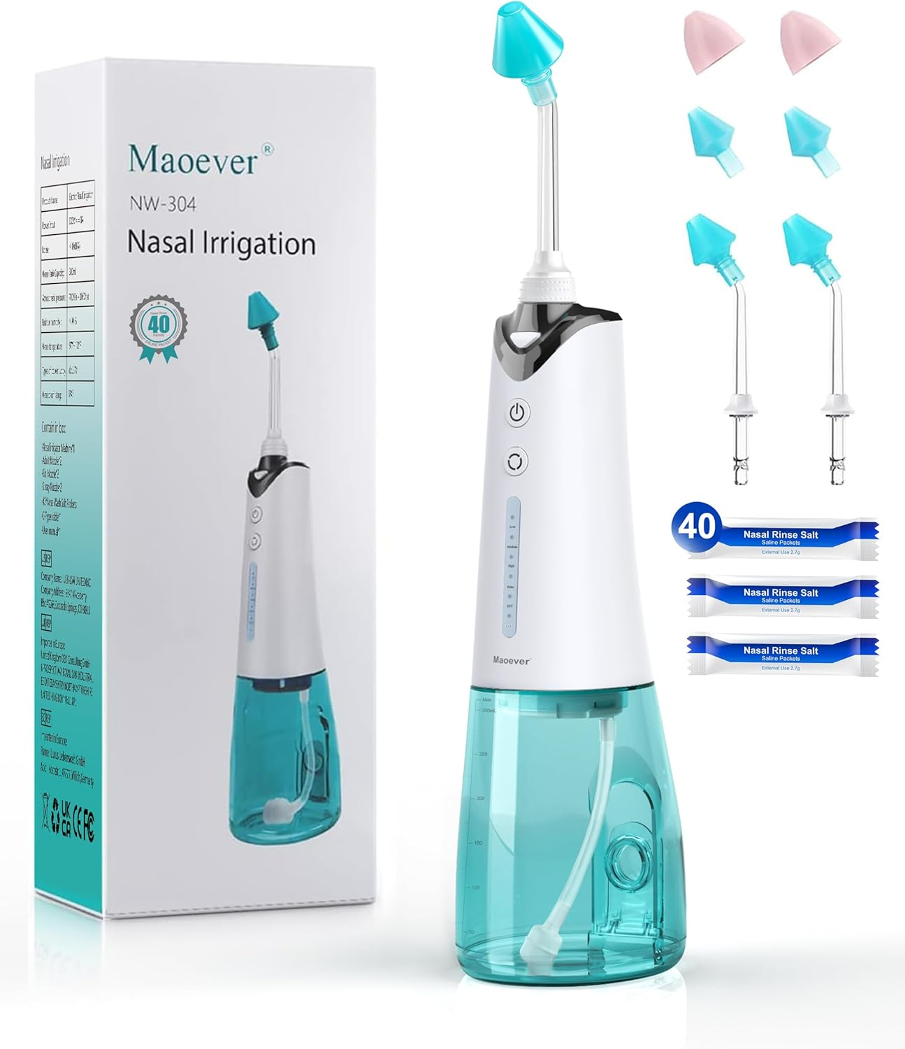 MAOEVER Sinus Cleaner Machine, Cordless Nasal Rinse Machine for Relief & Care, Electric Neti Pot with 6 Tips and 40 Salt Packs Irrigation System Kit Adult Kid Blue 300 Ml image number 5