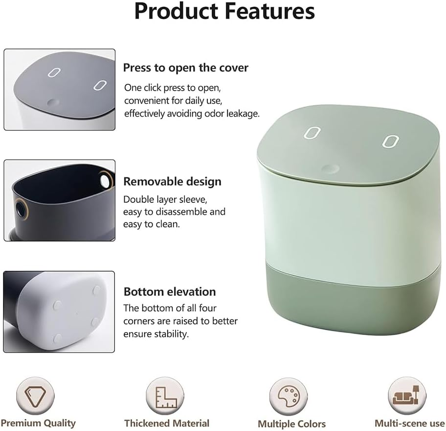 Mini Desk Trash Can with Lid-Removable Small Rubbish Bin-3.5L Plastic Trash Bin-Pop up Countertop Compost Bin-Counter Garbage Can for Bathroom,Office,Kitchen,Bedroom,Desk,Coffee Table, Green - Green image number 6