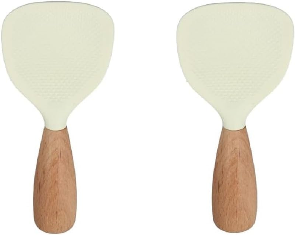2Pcs Standing Silicone Rice Spoon with Wooden Handle,Non Stick Anti-Scalding Rice Spatula Tableware,Heat Resistant Rice Shovel Household Rice Scooper (White, One Size) image number 3