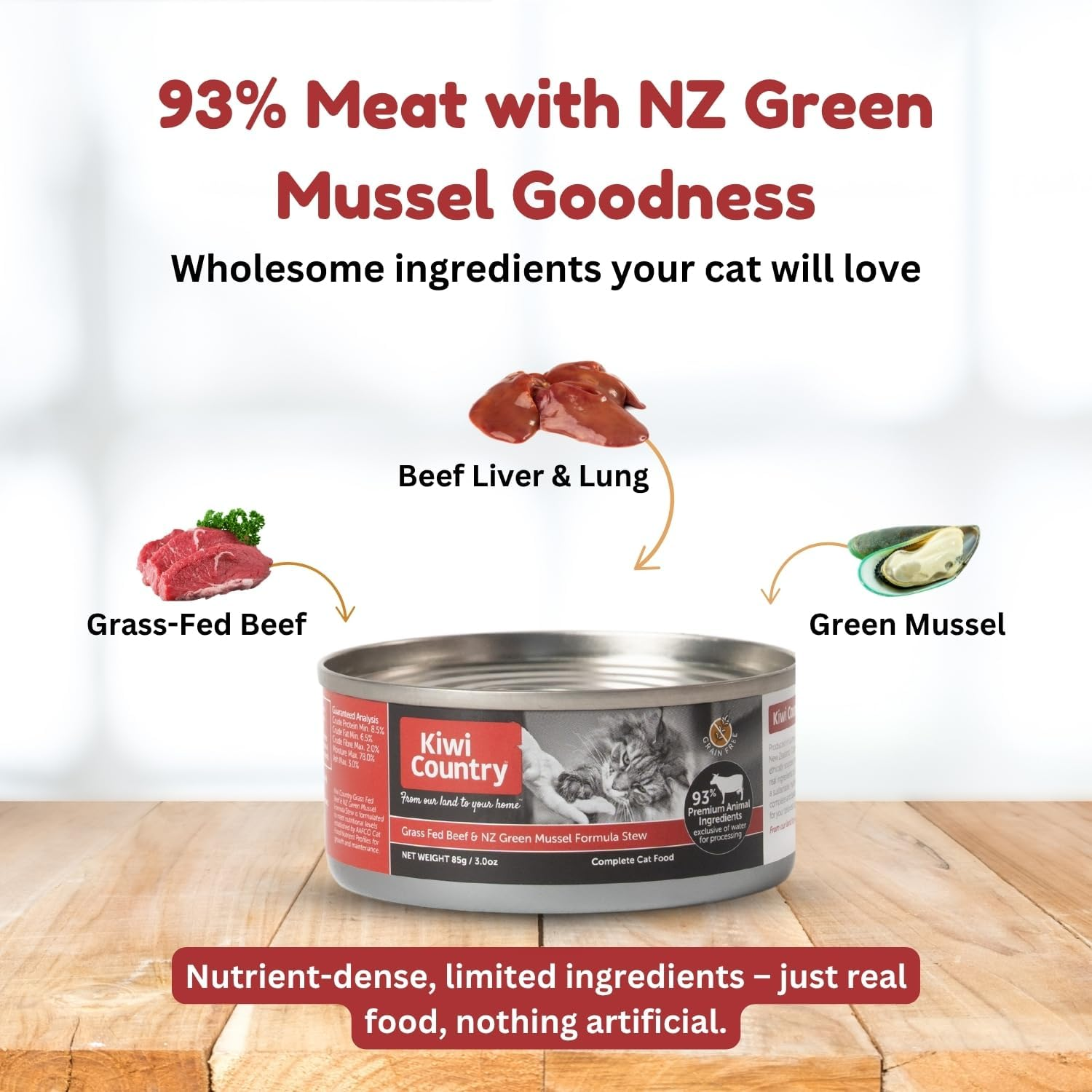 Kiwi Country Wet Cat Food, Grass-Fed Beef and NZ Green Mussel Formula, Grain-Free, Suitable for All Cat Breeds & All Life Stages Including Kittens, Pregnant and Nursing Females, 85G image number 2