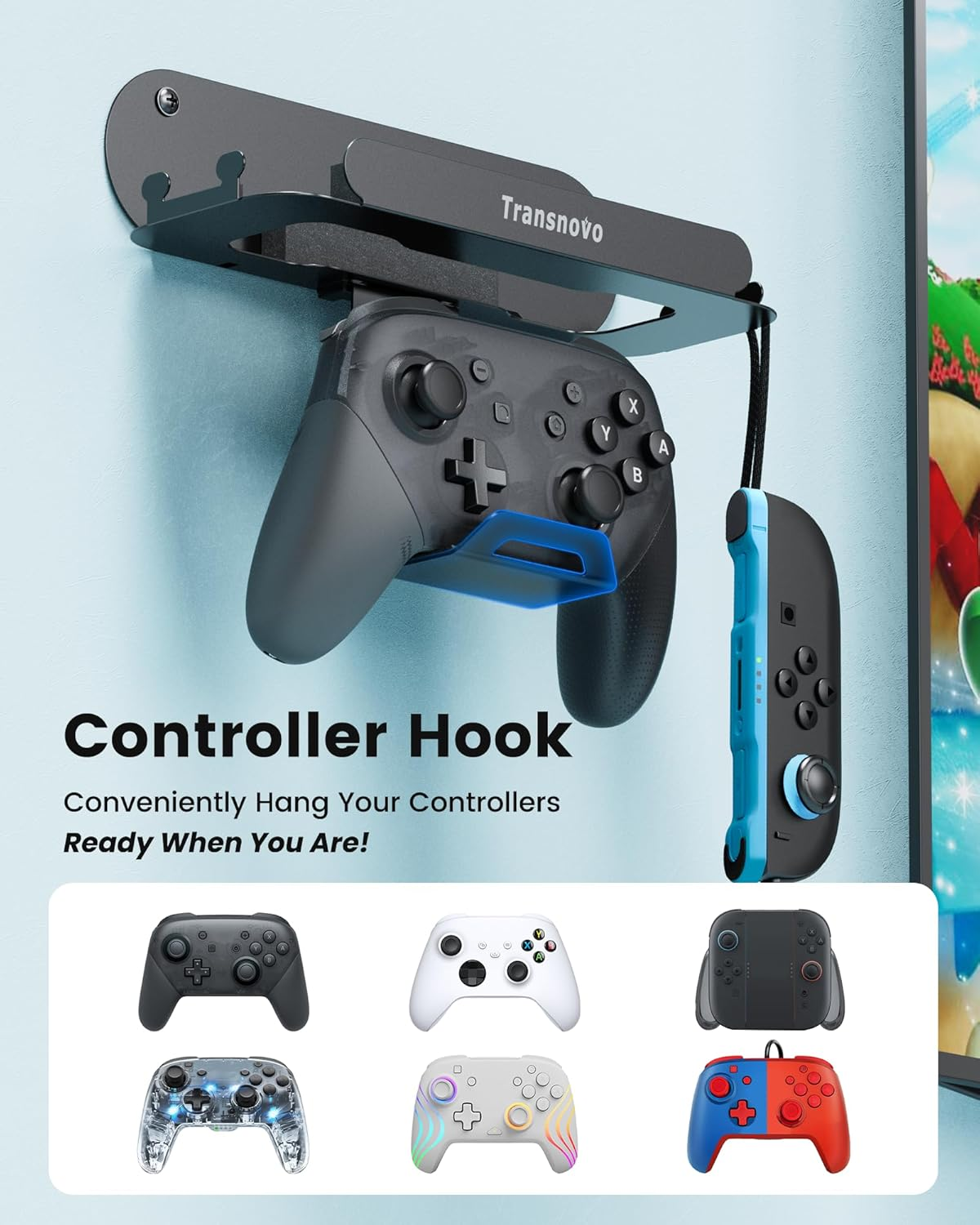 TRANSNOVO Wall Mount Dock Holder Compatible with Switch 2/Oled/Switch, Space-Saving Console Storage Near/Behind TV, Metal Bracket with Hook for Hanging Joycons/Pro Controller and 5 Game Card Slots image number 4