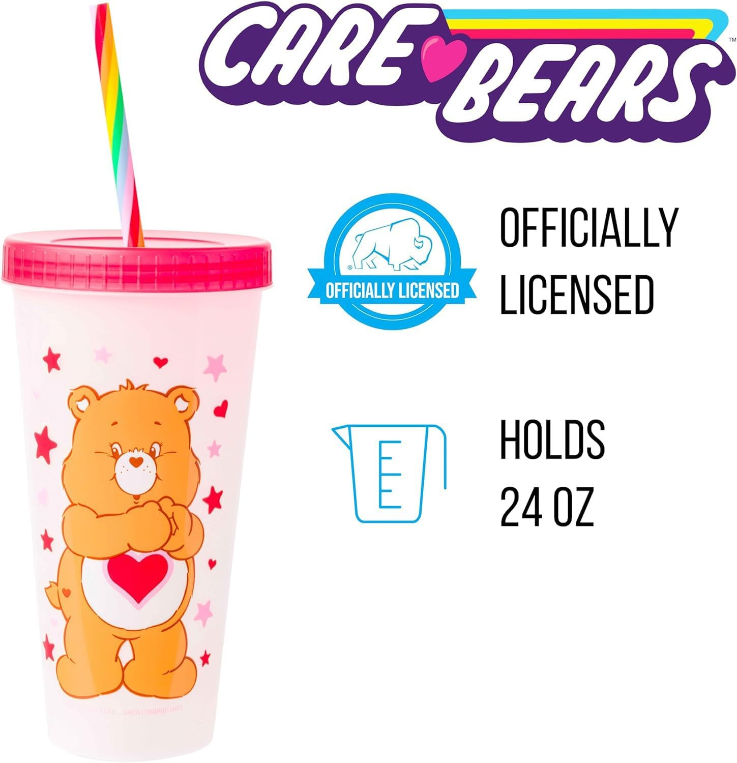 Silver Buffalo Care Bears Hearts Rainbow Swirl Straw 4 Pack Color Change Plastic Tumbler, 24 Ounces